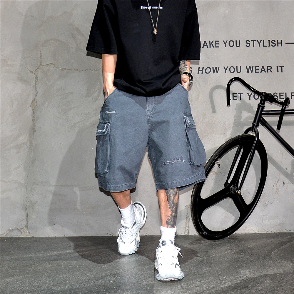 Japanese Korean Cargo Shorts For Men Summer Heavyweight Cotton 5-Inch Premium Distressed Streetwear Trendy Casual Pants Male
