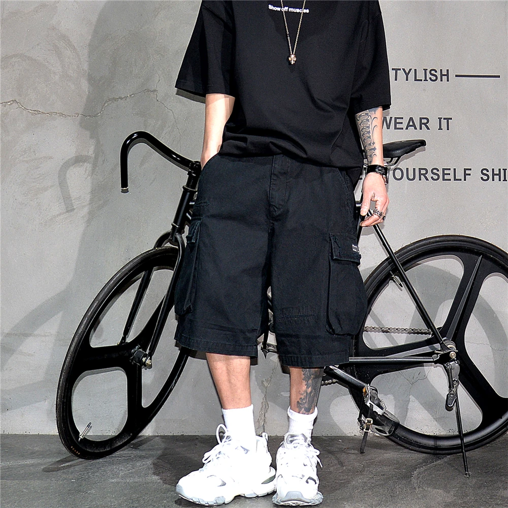 Japanese Korean Cargo Shorts For Men Summer Heavyweight Cotton 5-Inch Premium Distressed Streetwear Trendy Casual Pants Male