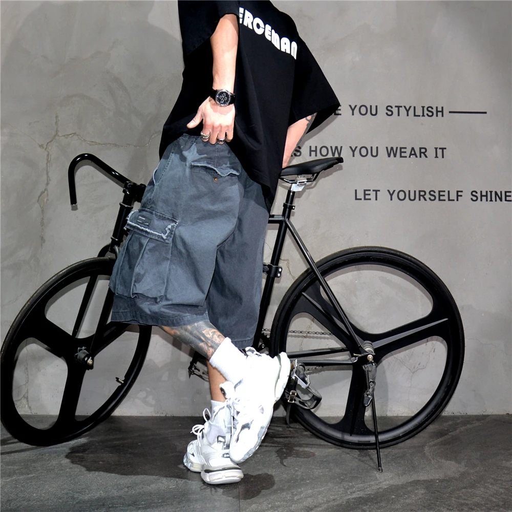 Japanese Korean Cargo Shorts For Men Summer Heavyweight Cotton 5-Inch Premium Distressed Streetwear Trendy Casual Pants Male