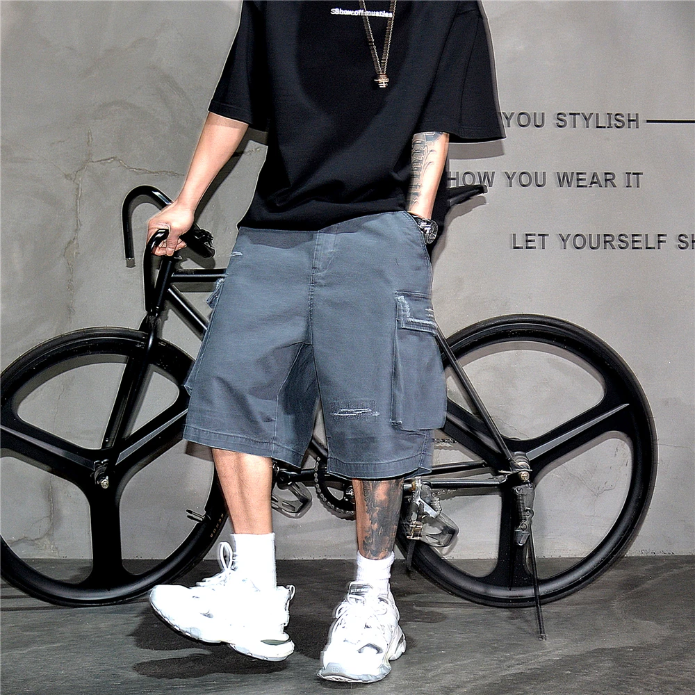 Japanese Korean Cargo Shorts For Men Summer Heavyweight Cotton 5-Inch Premium Distressed Streetwear Trendy Casual Pants Male