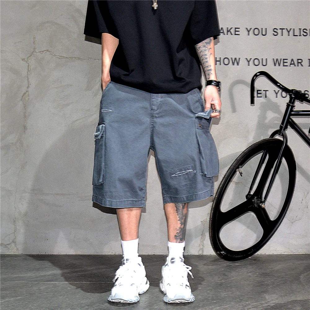 Japanese Korean Cargo Shorts For Men Summer Heavyweight Cotton 5-Inch Premium Distressed Streetwear Trendy Casual Pants Male