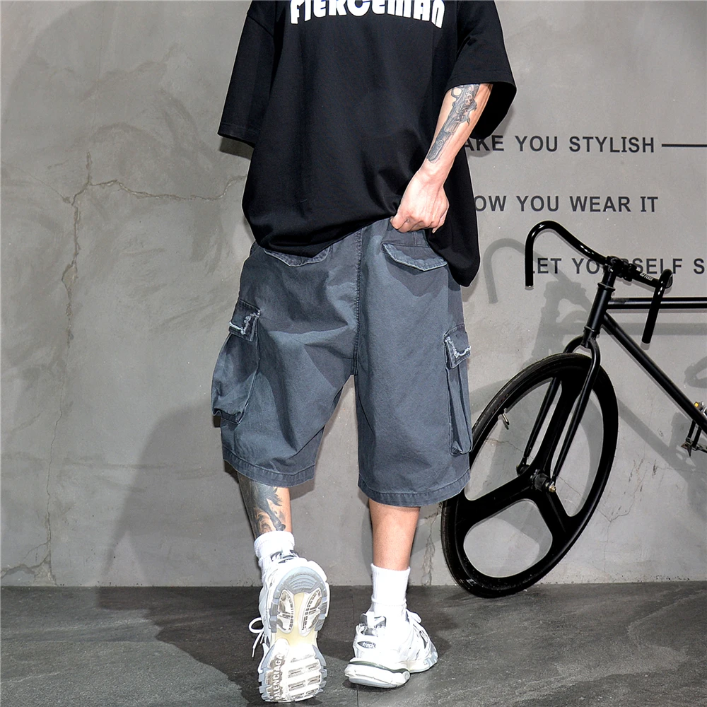 Japanese Korean Cargo Shorts For Men Summer Heavyweight Cotton 5-Inch Premium Distressed Streetwear Trendy Casual Pants Male