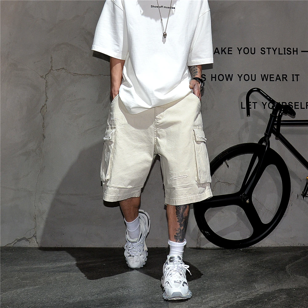 Japanese Korean Cargo Shorts For Men Summer Heavyweight Cotton 5-Inch Premium Distressed Streetwear Trendy Casual Pants Male