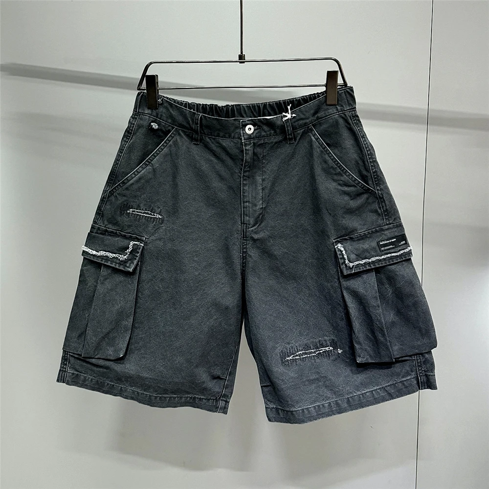 Japanese Korean Cargo Shorts For Men Summer Heavyweight Cotton 5-Inch Premium Distressed Streetwear Trendy Casual Pants Male