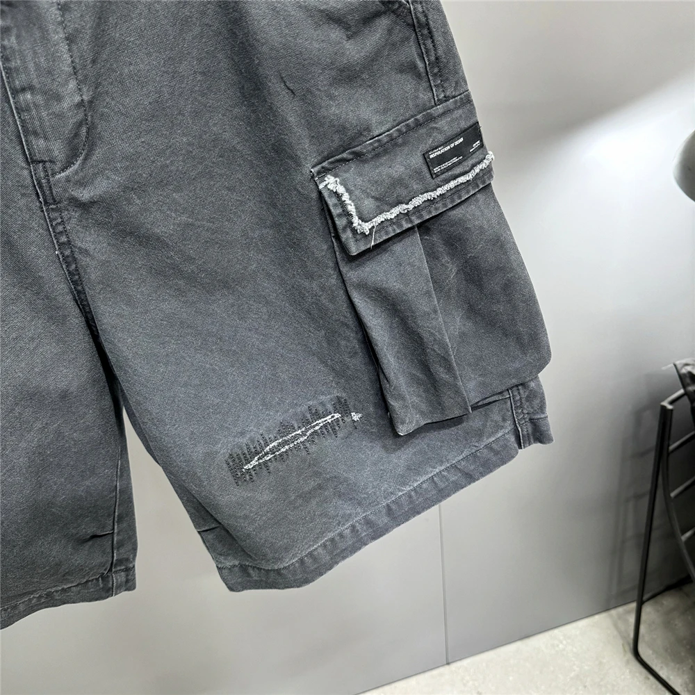Japanese Korean Cargo Shorts For Men Summer Heavyweight Cotton 5-Inch Premium Distressed Streetwear Trendy Casual Pants Male