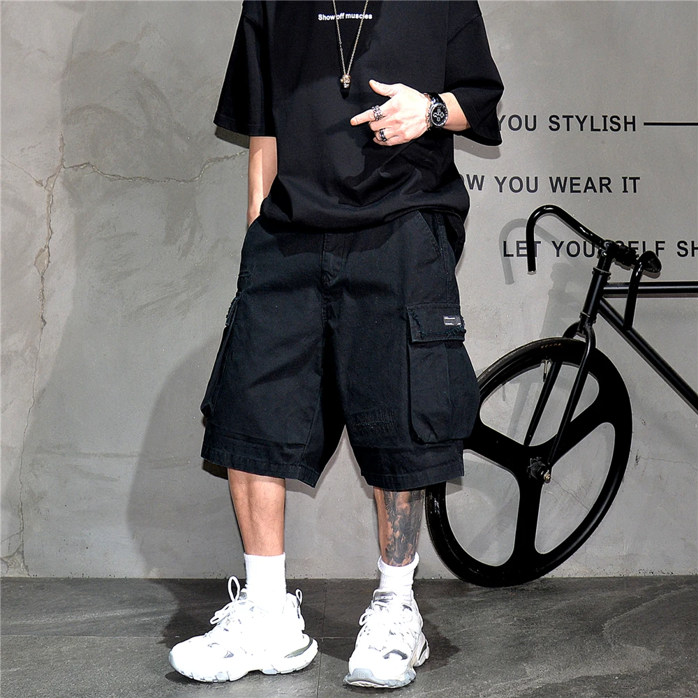 Japanese Korean Cargo Shorts For Men Summer Heavyweight Cotton 5-Inch Premium Distressed Streetwear Trendy Casual Pants Male