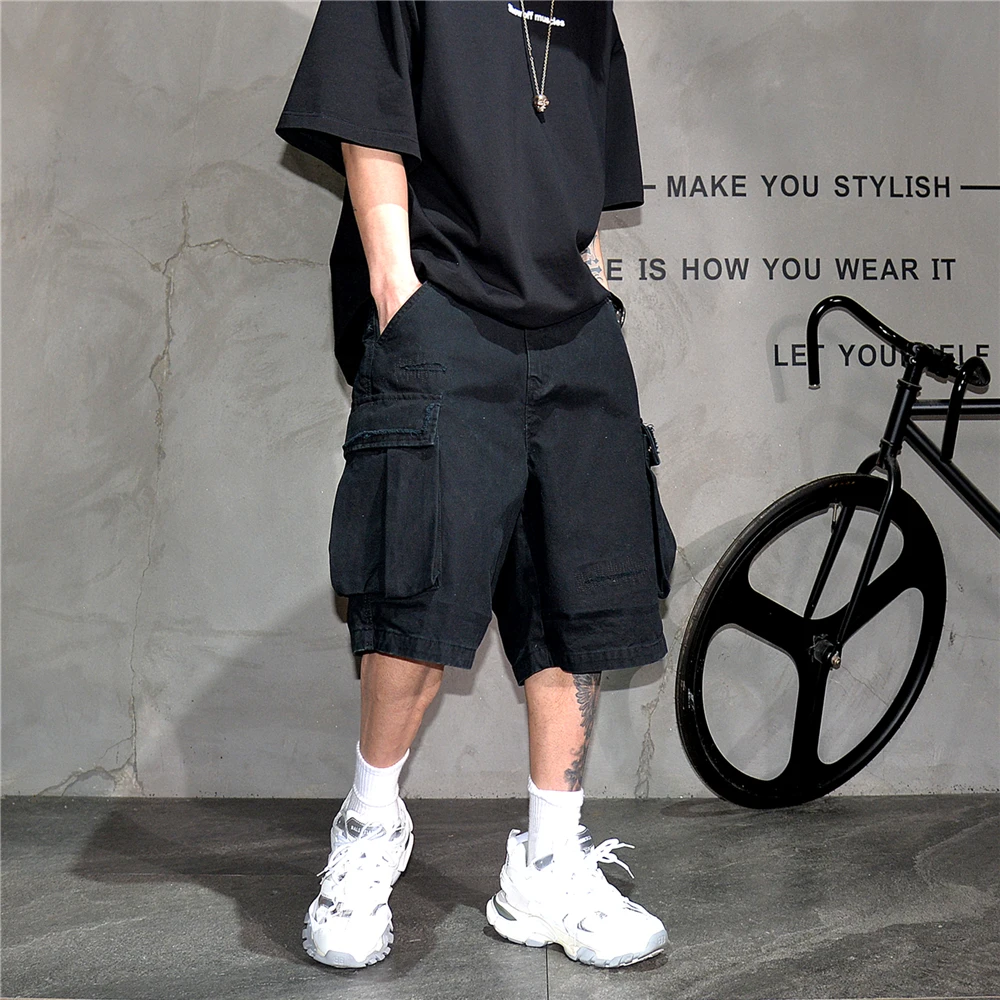 Japanese Korean Cargo Shorts For Men Summer Heavyweight Cotton 5-Inch Premium Distressed Streetwear Trendy Casual Pants Male