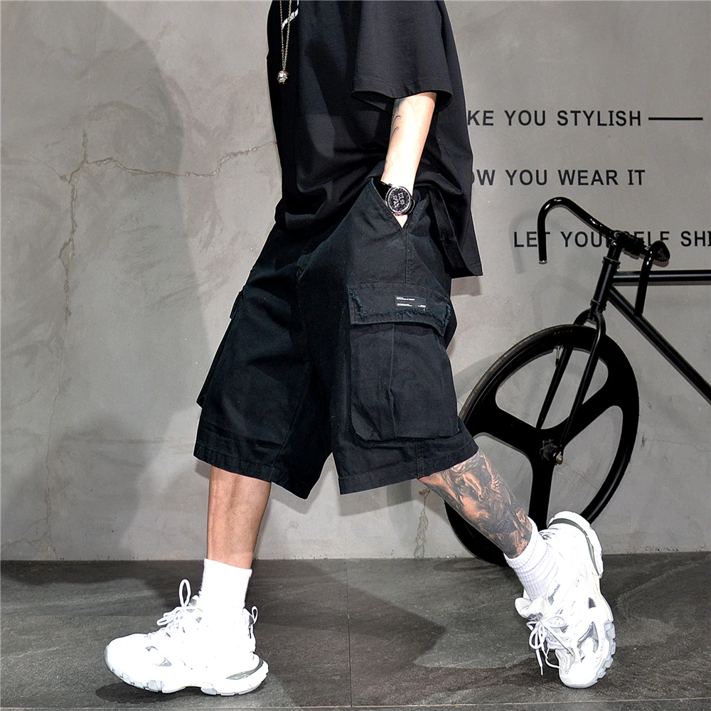 Japanese Korean Cargo Shorts For Men Summer Heavyweight Cotton 5-Inch Premium Distressed Streetwear Trendy Casual Pants Male