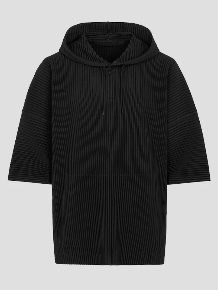 Miyake Pleated Men Black Sweatshirt Three Quarter Sleeve Hoodie With Big Pockets Breathable Loose Drawstring Casual Top