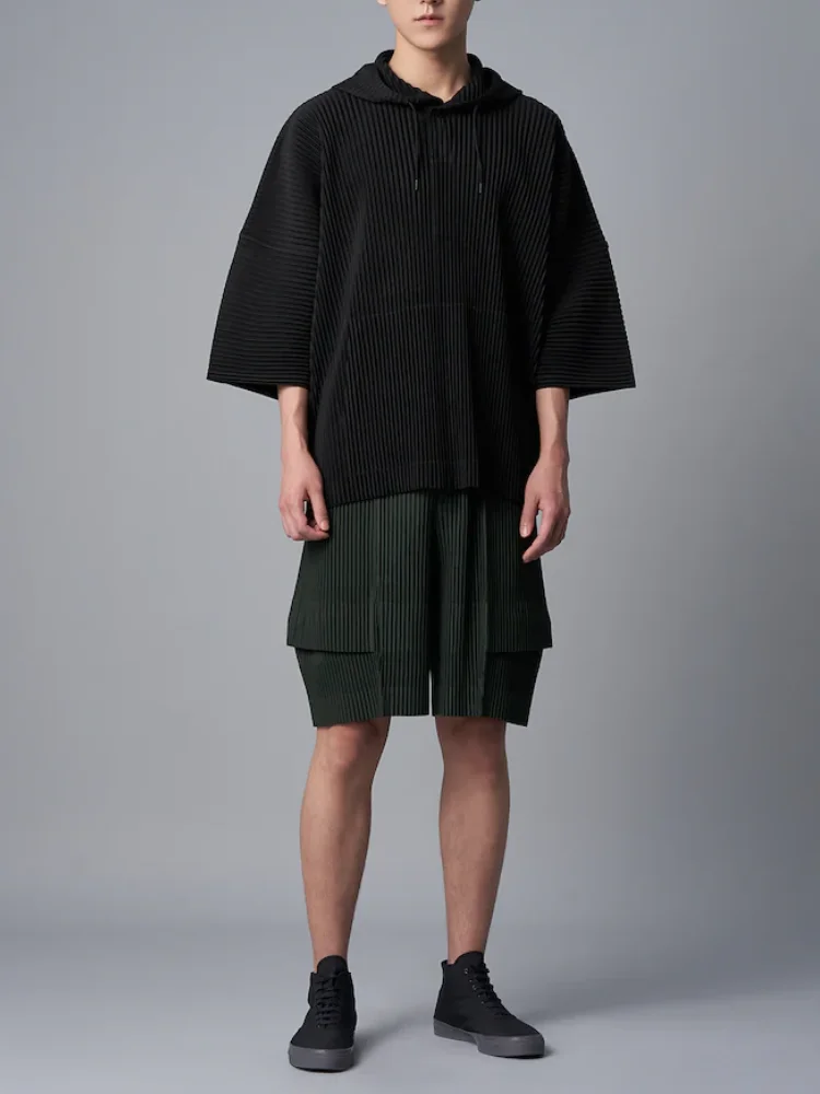 Miyake Pleated Men Black Sweatshirt Three Quarter Sleeve Hoodie With Big Pockets Breathable Loose Drawstring Casual Top