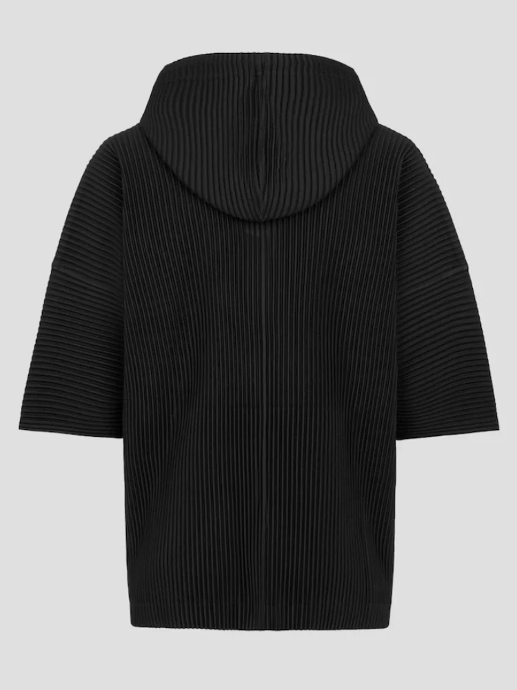Miyake Pleated Men Black Sweatshirt Three Quarter Sleeve Hoodie With Big Pockets Breathable Loose Drawstring Casual Top