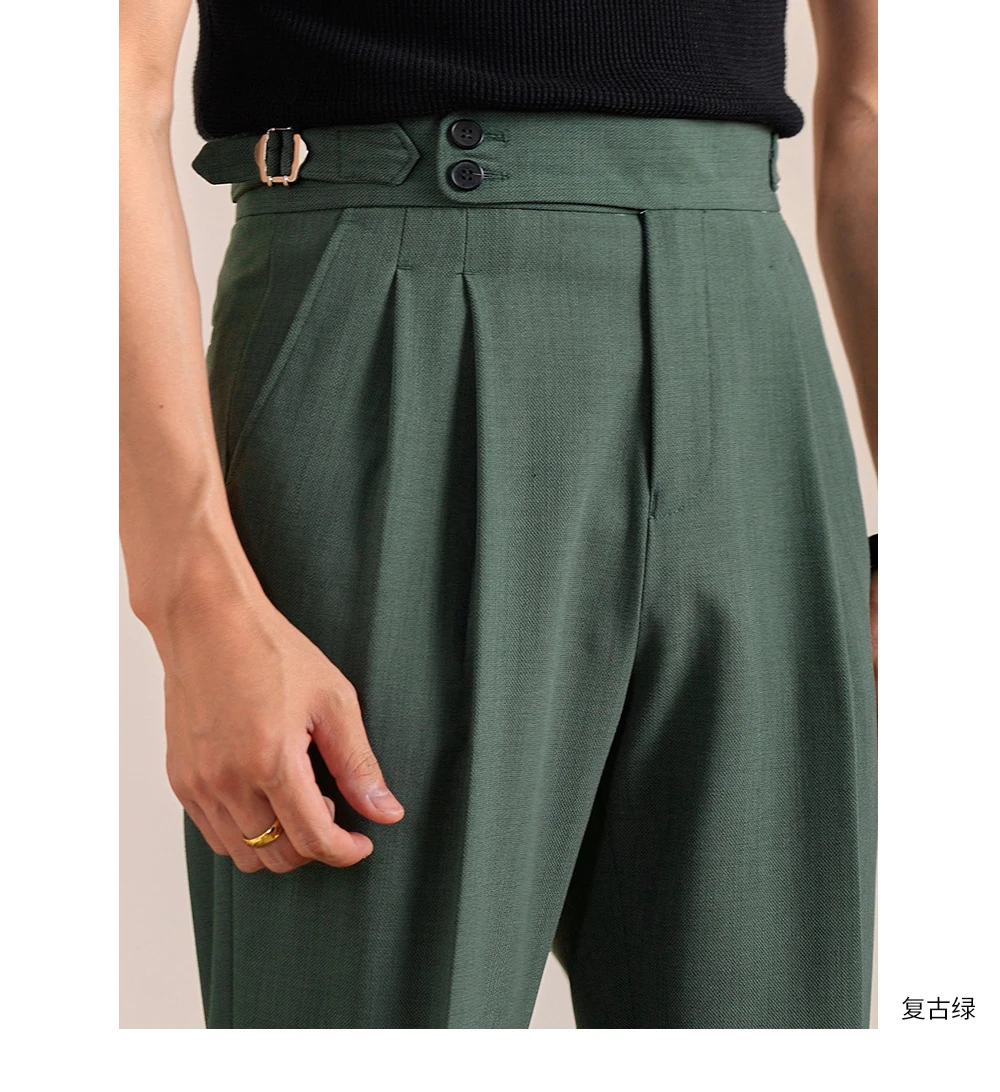 2025 New Italian Style Double Pleated Neapolitan Mens Formal Pants Casual Business Straight Leg High Waist Office Trousers Men