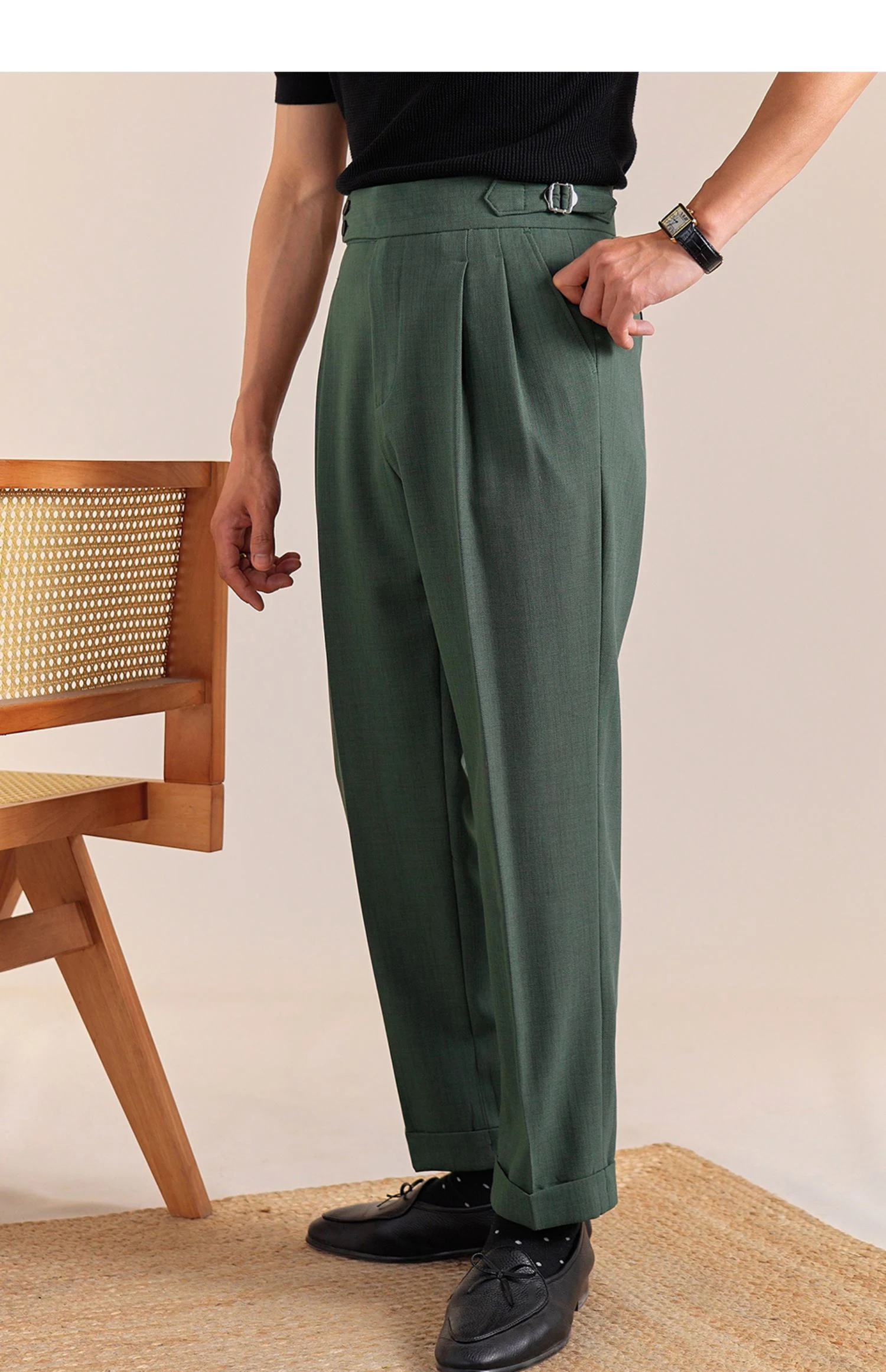 2025 New Italian Style Double Pleated Neapolitan Mens Formal Pants Casual Business Straight Leg High Waist Office Trousers Men