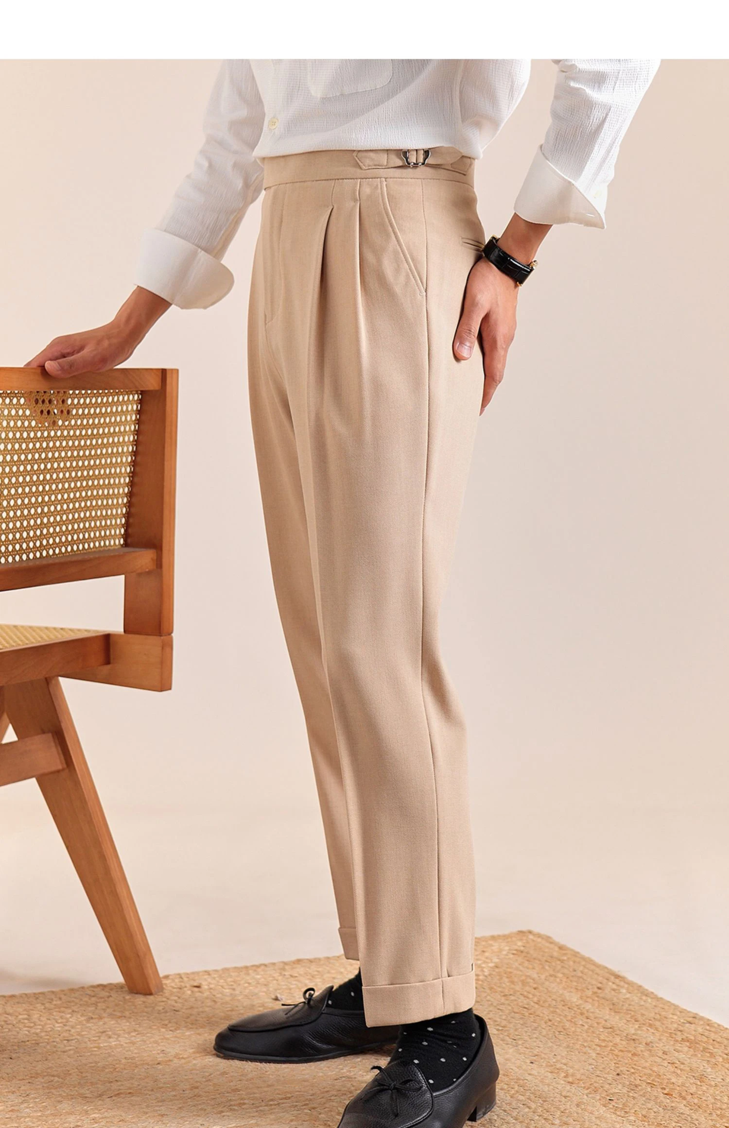 2025 New Italian Style Double Pleated Neapolitan Mens Formal Pants Casual Business Straight Leg High Waist Office Trousers Men