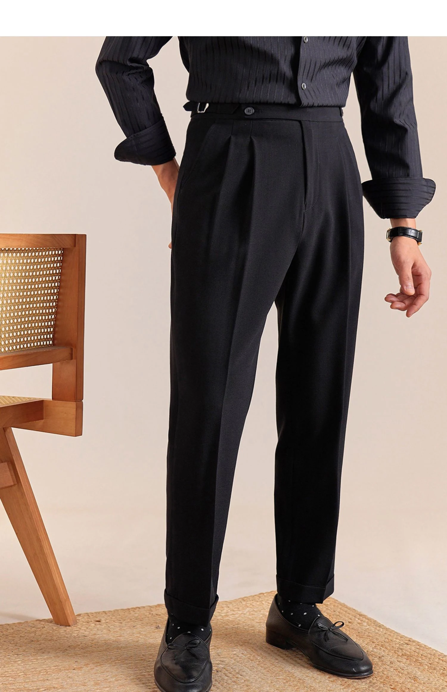2025 New Italian Style Double Pleated Neapolitan Mens Formal Pants Casual Business Straight Leg High Waist Office Trousers Men