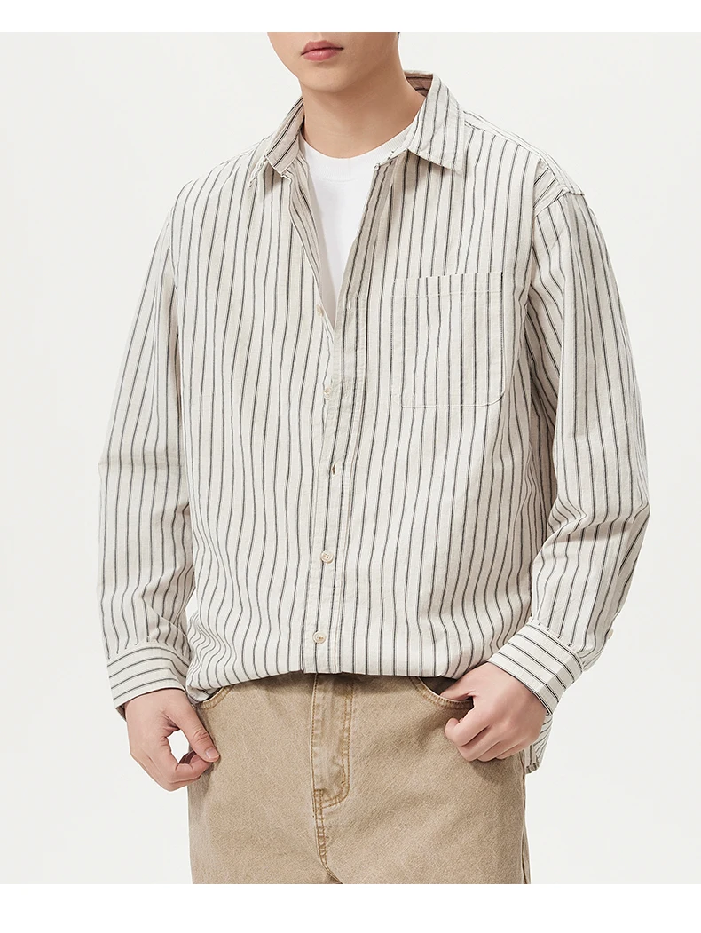 Men Cotton Linen Casual Commute Loose Long Sleeve Simple Fashion Stripe Shirt Male Vintage Fashion Plus Size Shirts Clothes