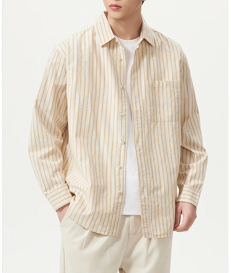 Men Cotton Linen Casual Commute Loose Long Sleeve Simple Fashion Stripe Shirt Male Vintage Fashion Plus Size Shirts Clothes