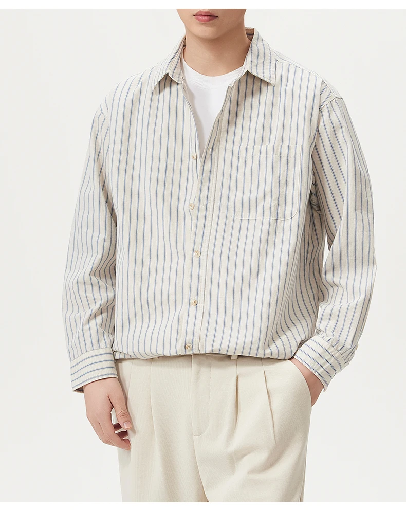 Men Cotton Linen Casual Commute Loose Long Sleeve Simple Fashion Stripe Shirt Male Vintage Fashion Plus Size Shirts Clothes