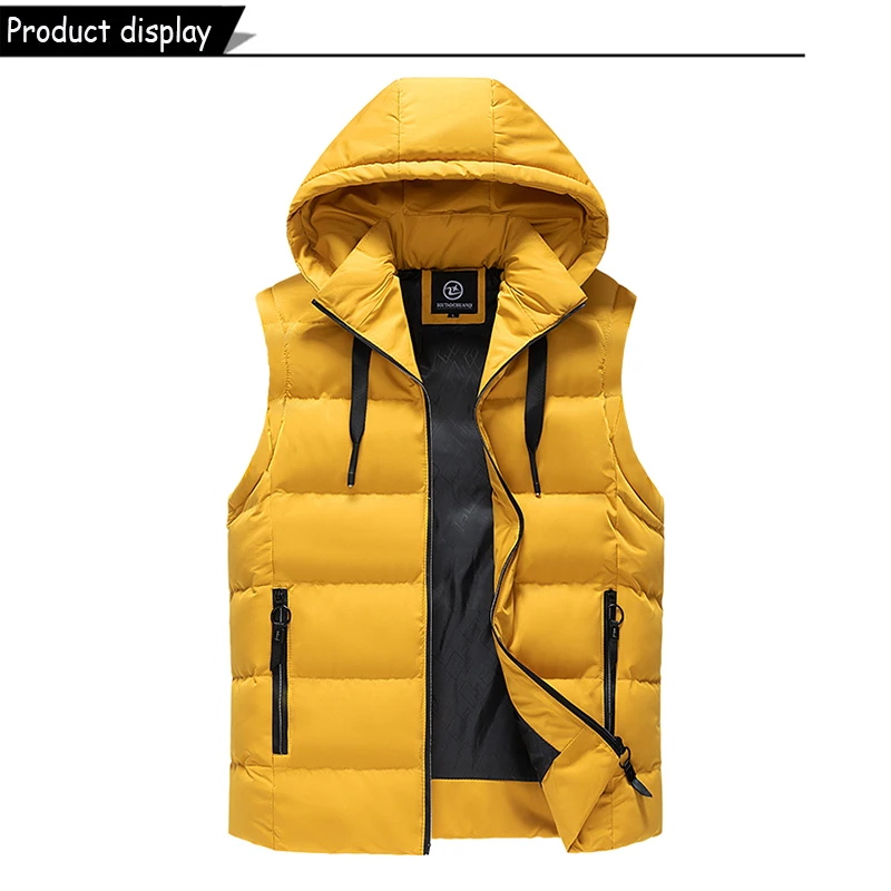 Men Autumn Sleeveless Outdoors Casual Solid Warm Vest Men Winter Detachable Hooded Fleece Pocket Zipper Fashion Vest Male Coat