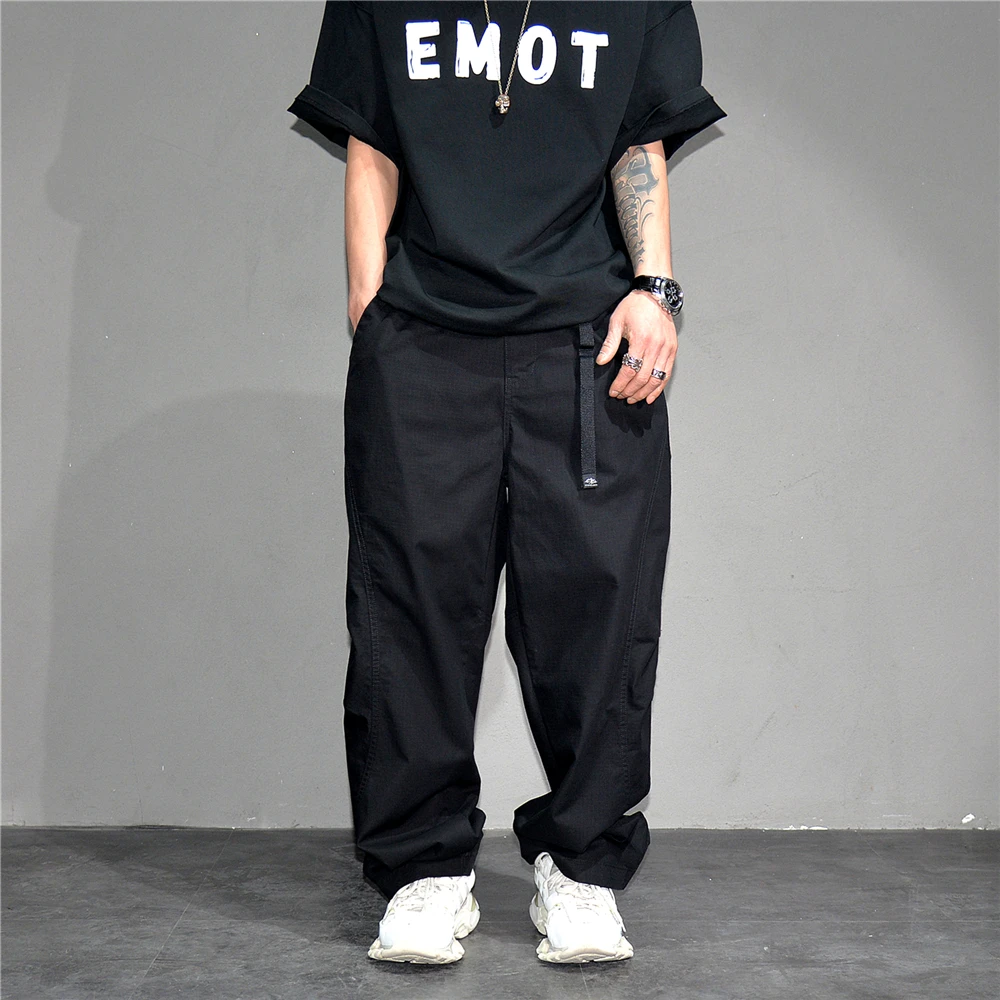 Premium Mens Cotton Black Casual Pants Elastic Waist Streetwear Urban Fashion Trendy Lounge Jogger Tapered Oversized Trousers