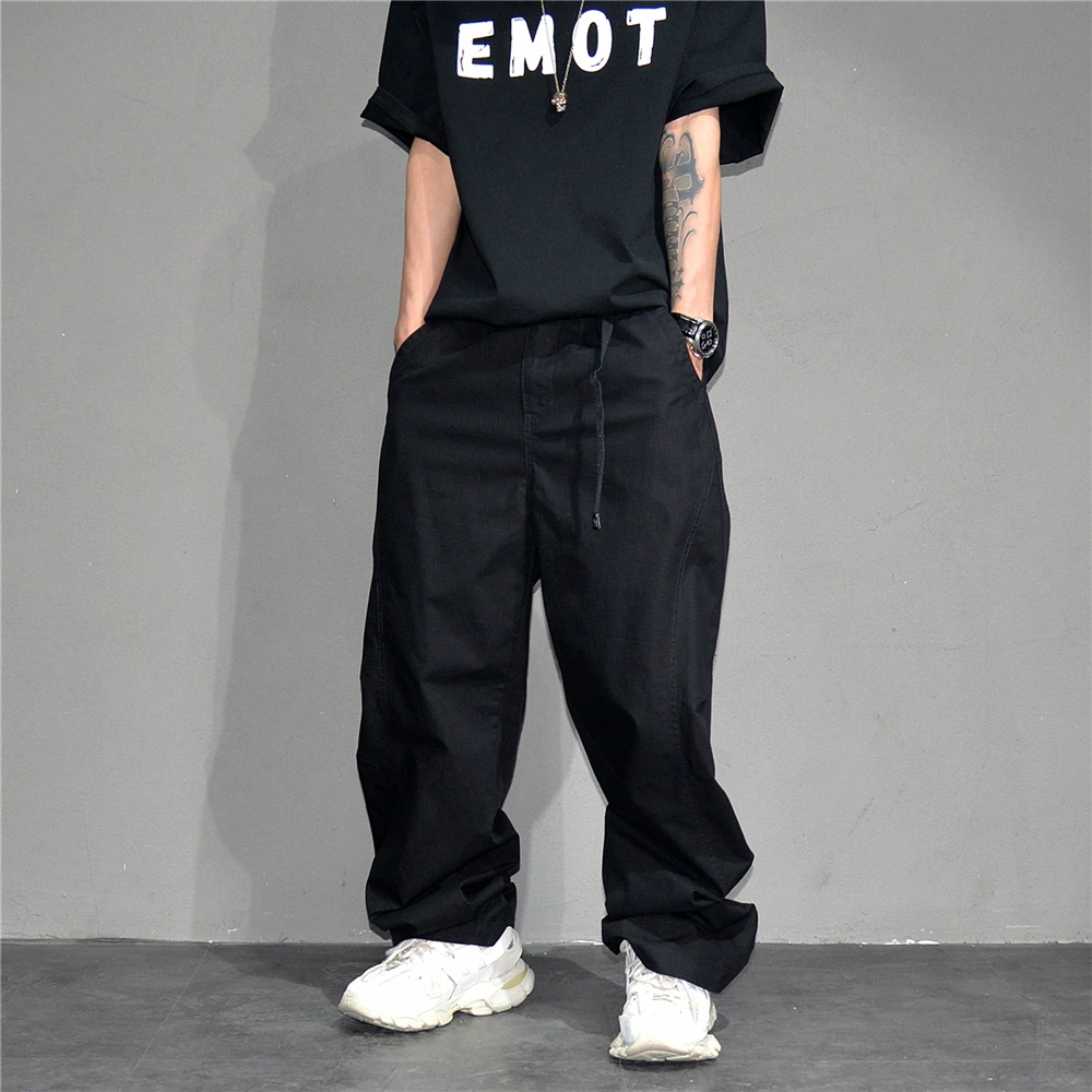 Premium Mens Cotton Black Casual Pants Elastic Waist Streetwear Urban Fashion Trendy Lounge Jogger Tapered Oversized Trousers