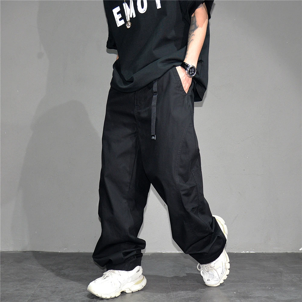 Premium Mens Cotton Black Casual Pants Elastic Waist Streetwear Urban Fashion Trendy Lounge Jogger Tapered Oversized Trousers
