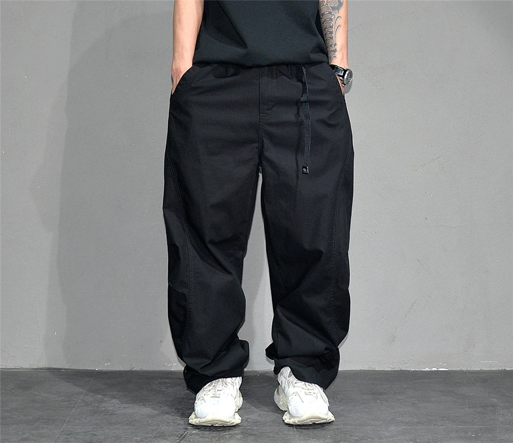 Premium Mens Cotton Black Casual Pants Elastic Waist Streetwear Urban Fashion Trendy Lounge Jogger Tapered Oversized Trousers