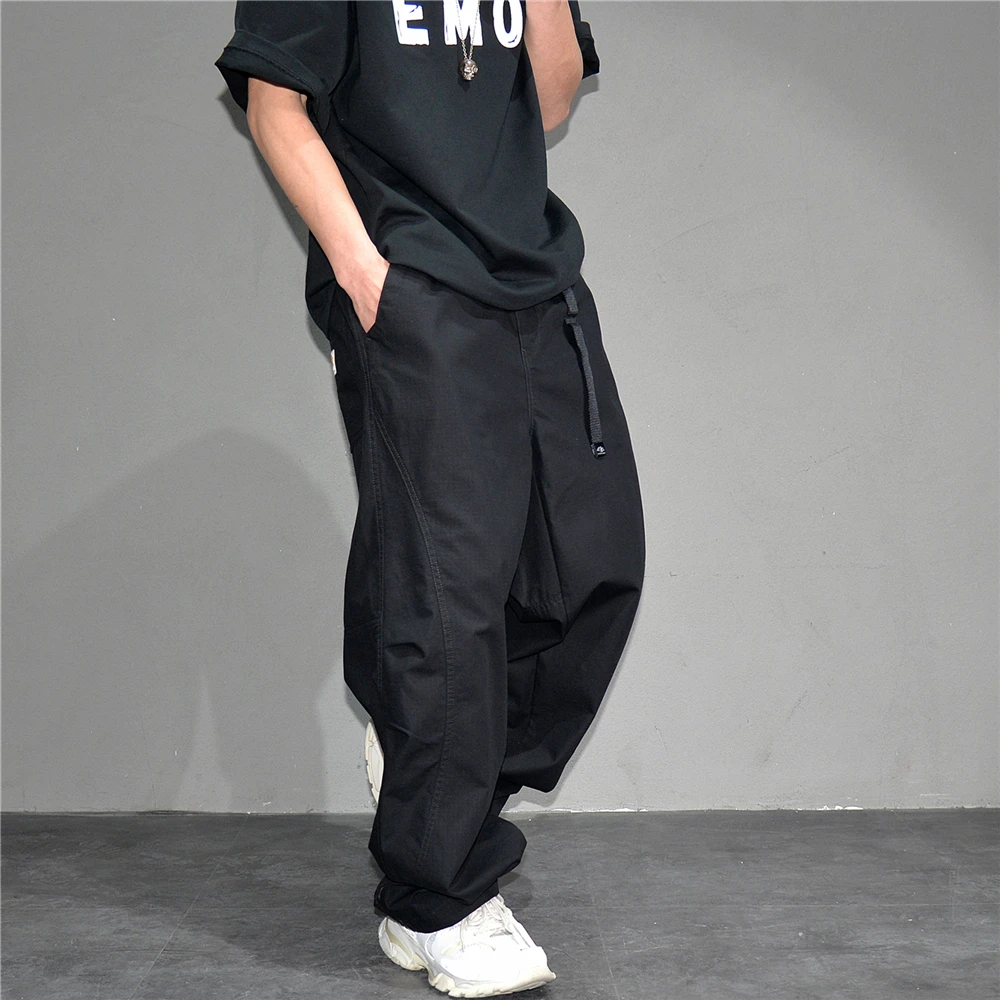 Premium Mens Cotton Black Casual Pants Elastic Waist Streetwear Urban Fashion Trendy Lounge Jogger Tapered Oversized Trousers
