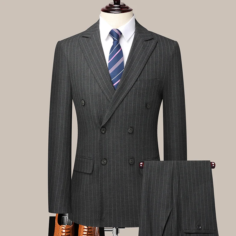Men's Double-Breasted Striped Suit And Trousers Two-Piece Set Fashionable Handsome Business Casual Boutique M-6XL