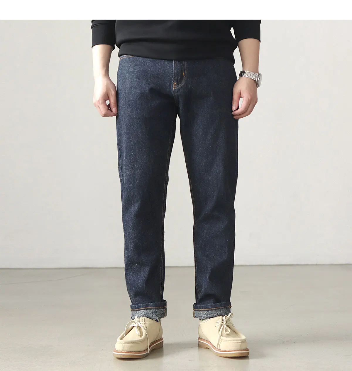 14OZ heavy denim Denim jeans men straight tube depulped May Khaki American vintage primary color wash pants