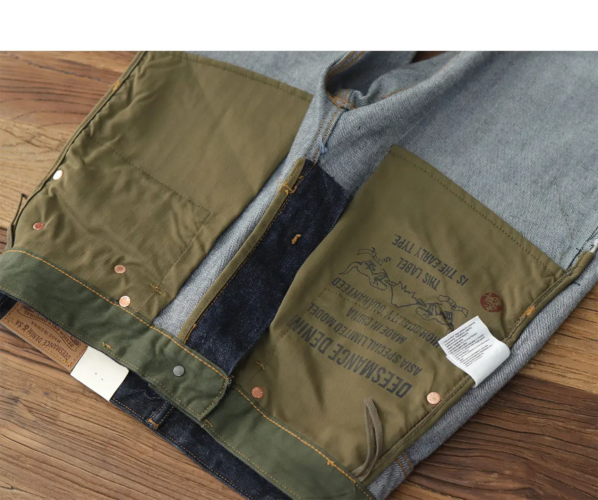 14OZ heavy denim Denim jeans men straight tube depulped May Khaki American vintage primary color wash pants