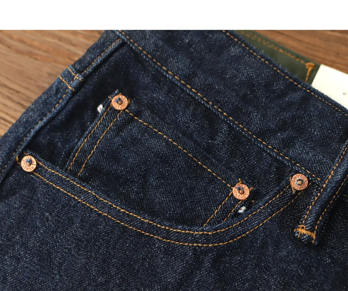 14OZ heavy denim Denim jeans men straight tube depulped May Khaki American vintage primary color wash pants