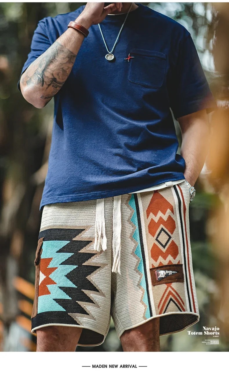 Maden Vintage Navajo Totem Knitted Shorts Men's Casual Embroidery Summer Beach Shorts Drawstring Elastic Waist Bottoms