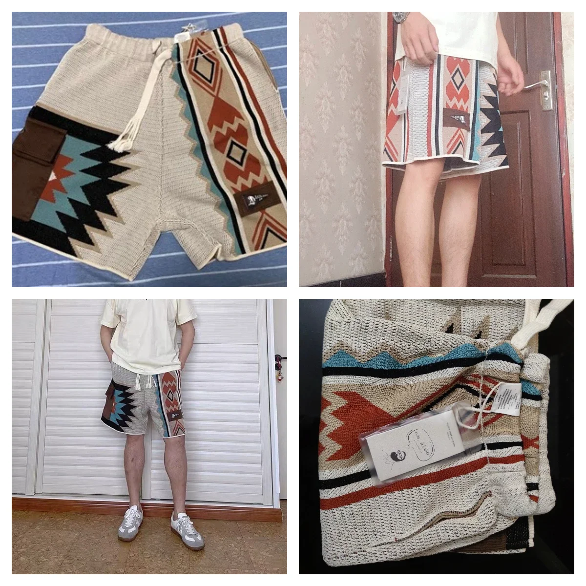Maden Vintage Navajo Totem Knitted Shorts Men's Casual Embroidery Summer Beach Shorts Drawstring Elastic Waist Bottoms