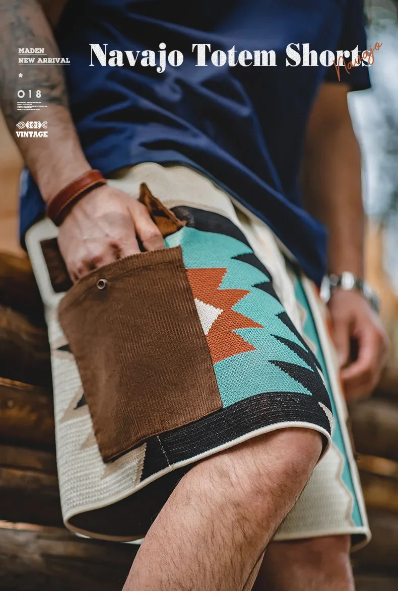 Maden Vintage Navajo Totem Knitted Shorts Men's Casual Embroidery Summer Beach Shorts Drawstring Elastic Waist Bottoms