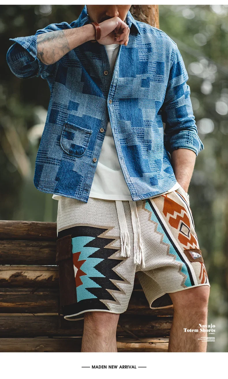 Maden Vintage Navajo Totem Knitted Shorts Men's Casual Embroidery Summer Beach Shorts Drawstring Elastic Waist Bottoms