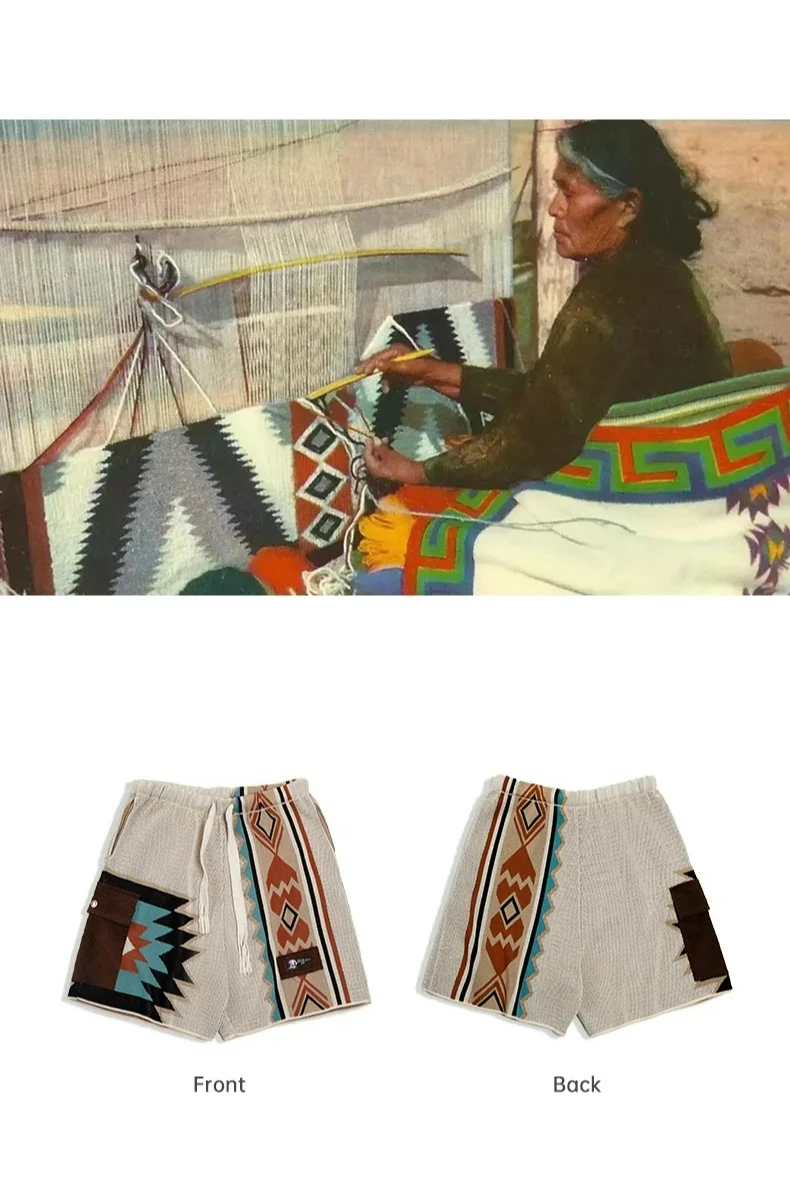 Maden Vintage Navajo Totem Knitted Shorts Men's Casual Embroidery Summer Beach Shorts Drawstring Elastic Waist Bottoms