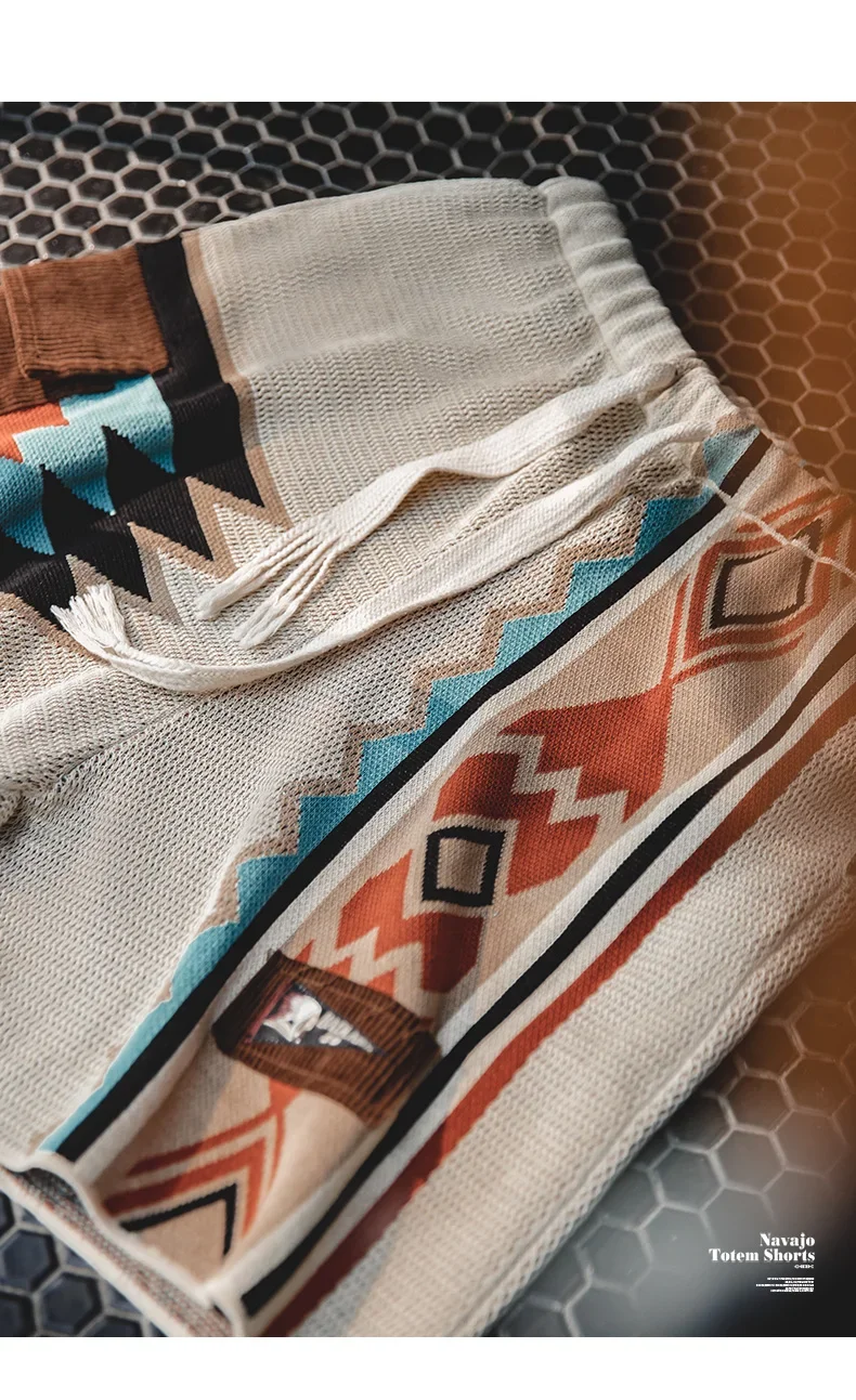 Maden Vintage Navajo Totem Knitted Shorts Men's Casual Embroidery Summer Beach Shorts Drawstring Elastic Waist Bottoms