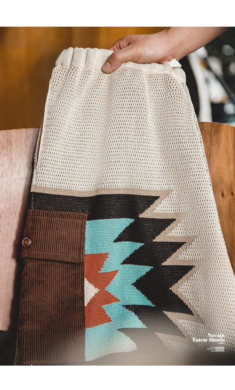Maden Vintage Navajo Totem Knitted Shorts Men's Casual Embroidery Summer Beach Shorts Drawstring Elastic Waist Bottoms