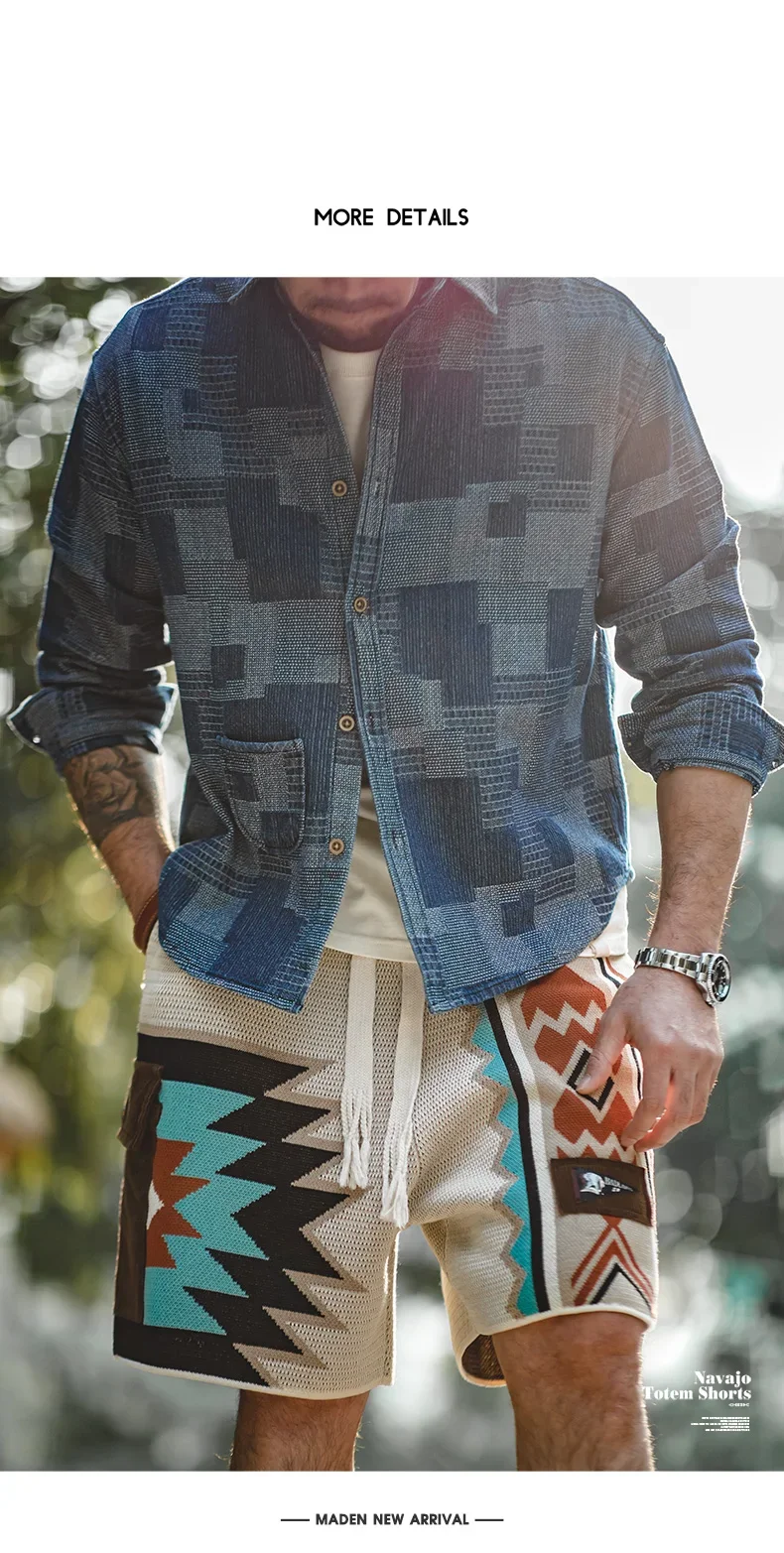 Maden Vintage Navajo Totem Knitted Shorts Men's Casual Embroidery Summer Beach Shorts Drawstring Elastic Waist Bottoms