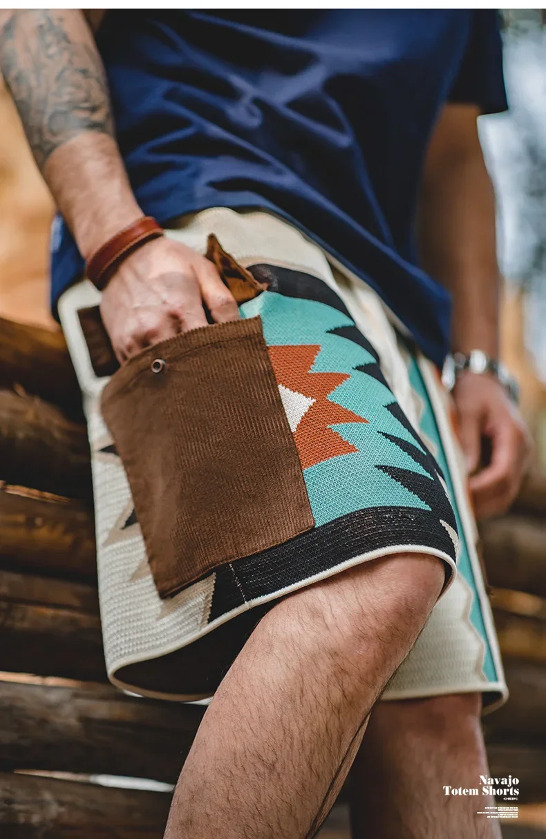 Maden Vintage Navajo Totem Knitted Shorts Men's Casual Embroidery Summer Beach Shorts Drawstring Elastic Waist Bottoms