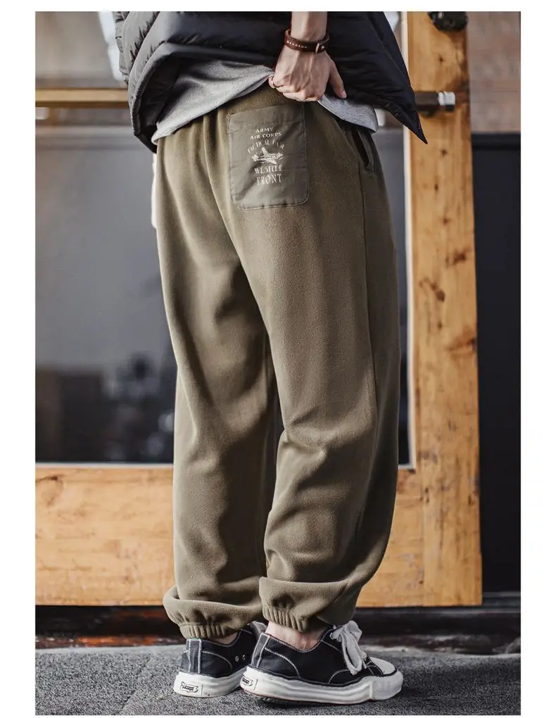 Maden Vintage Men's Brushed Fleece Sweatpants Olive Green Thermal Trousers Elastic Waist Cuffed Casual Pants for Autumn Winter