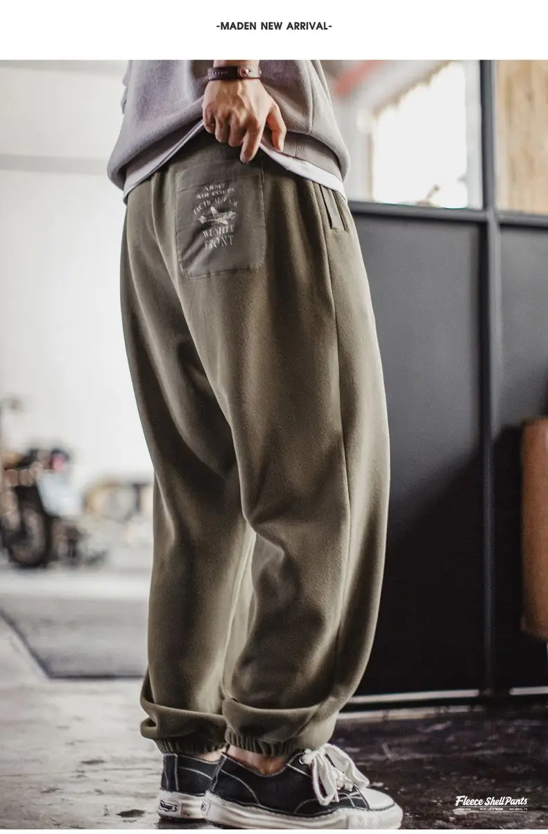 Maden Vintage Men's Brushed Fleece Sweatpants Olive Green Thermal Trousers Elastic Waist Cuffed Casual Pants for Autumn Winter