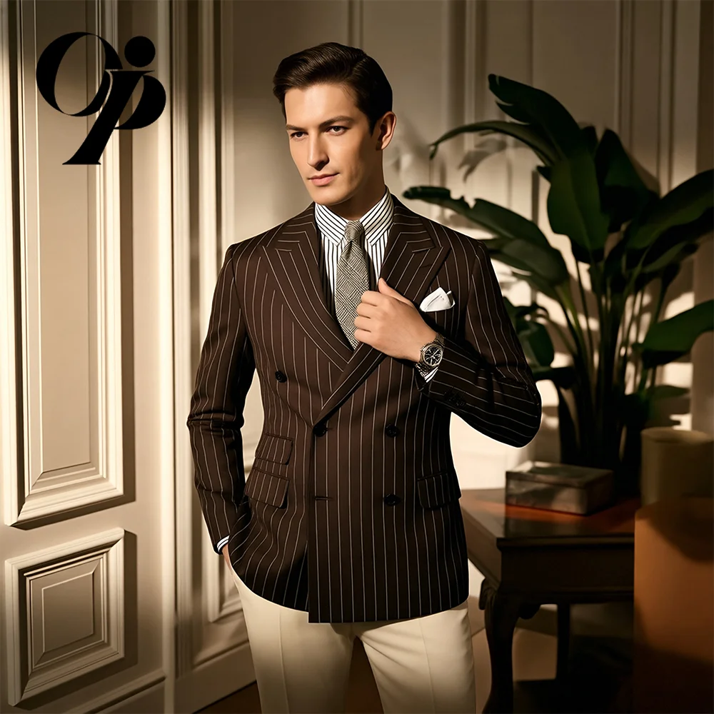 Opeodly Men's Brown Pinstripe 2-Piece Suit Slim Fit Double Breasted Traje para Hombre for Business Office and Formal Events