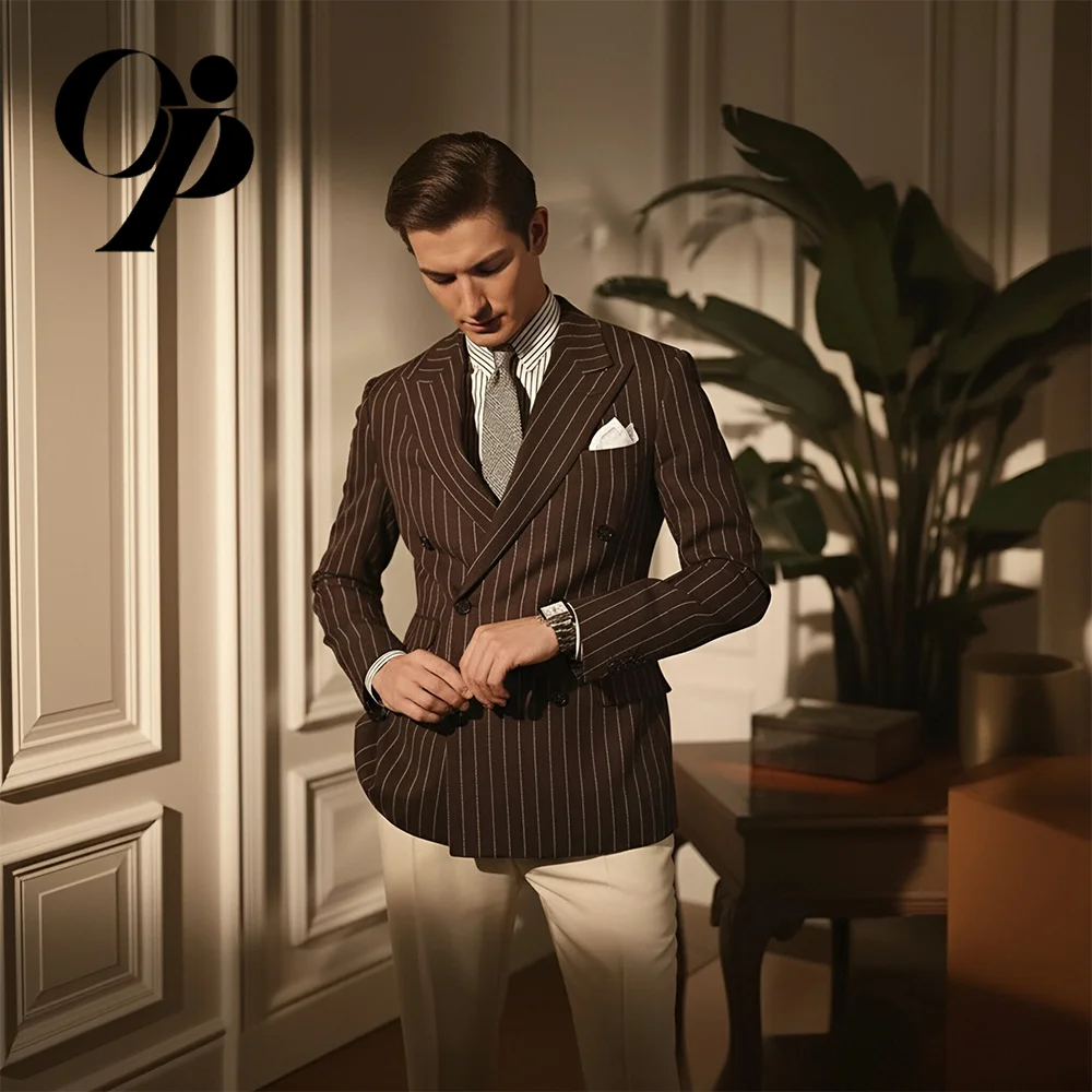 Opeodly Men's Brown Pinstripe 2-Piece Suit Slim Fit Double Breasted Traje para Hombre for Business Office and Formal Events