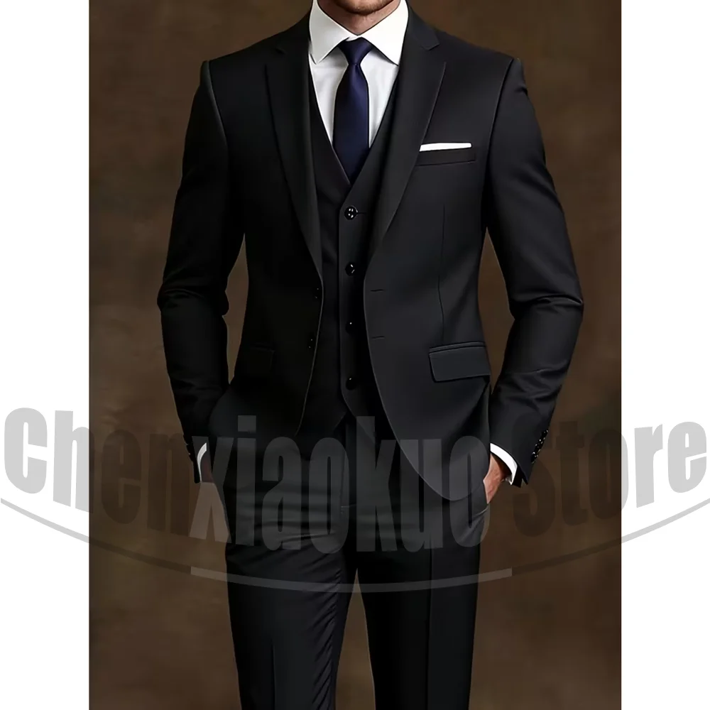 Chic Men Suit 3 Piece Notch Lapel Blazer Vest and Pants Formal Business Wedding Party Tuxedo Gentleman Smart Casual Outfit