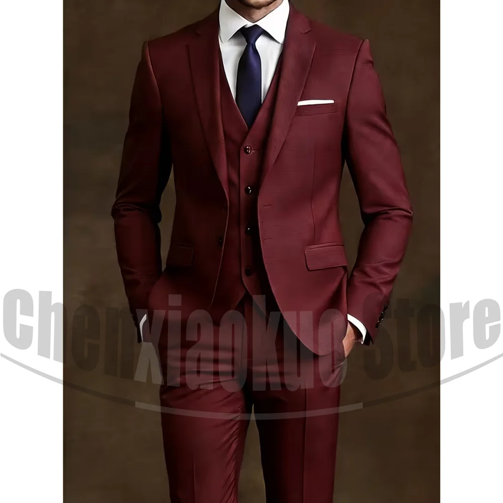 Chic Men Suit 3 Piece Notch Lapel Blazer Vest and Pants Formal Business Wedding Party Tuxedo Gentleman Smart Casual Outfit