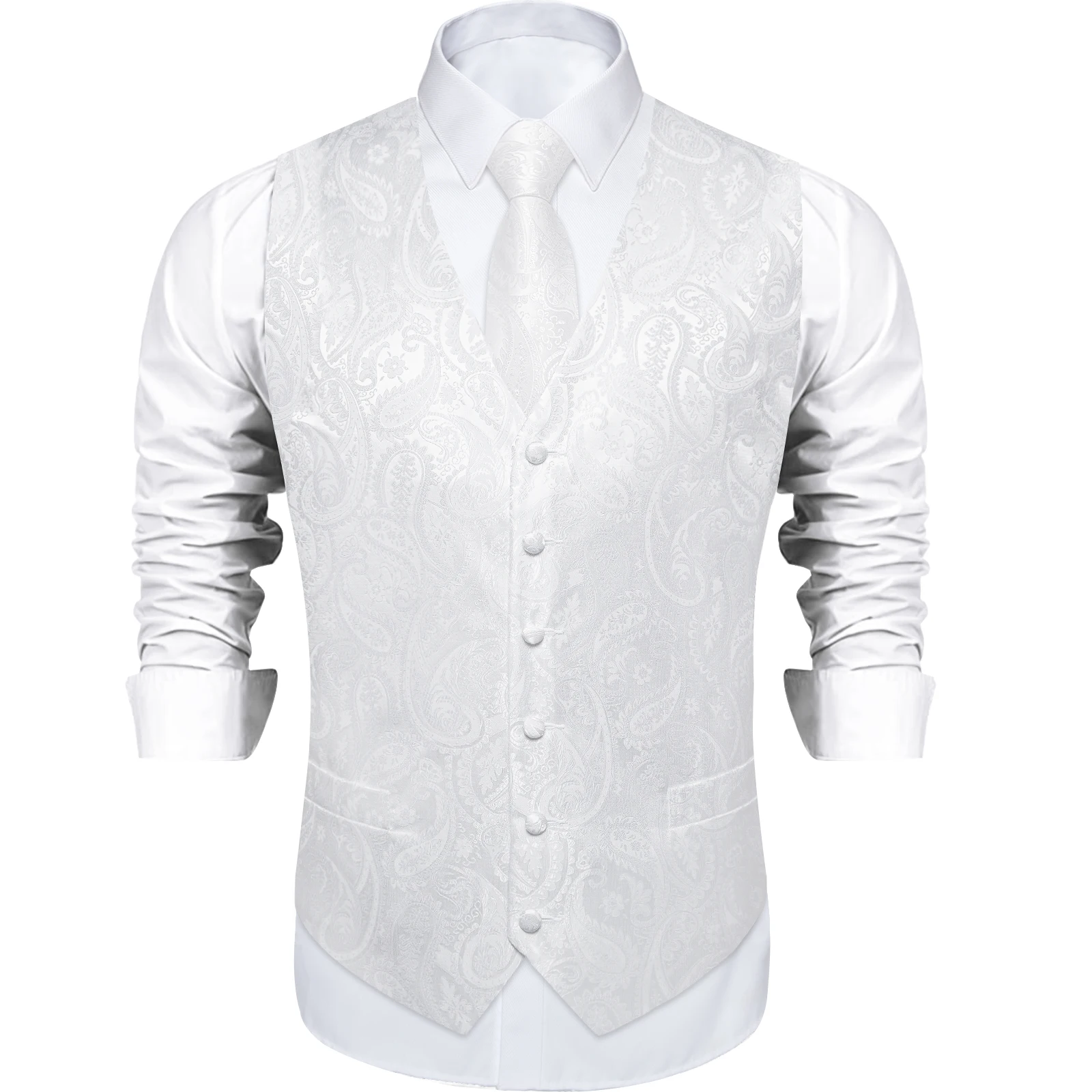 Pure White Wedding Vest for Man Sleeveless V-neck Satin Luxury Men Waistcoat Necktie Pocket Square Cufflinks Clip 5 PCS Set Gift