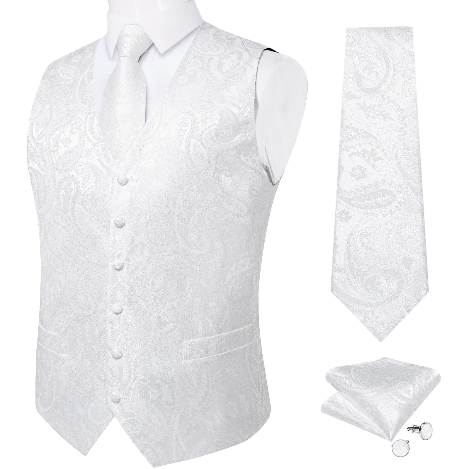 Pure White Wedding Vest for Man Sleeveless V-neck Satin Luxury Men Waistcoat Necktie Pocket Square Cufflinks Clip 5 PCS Set Gift