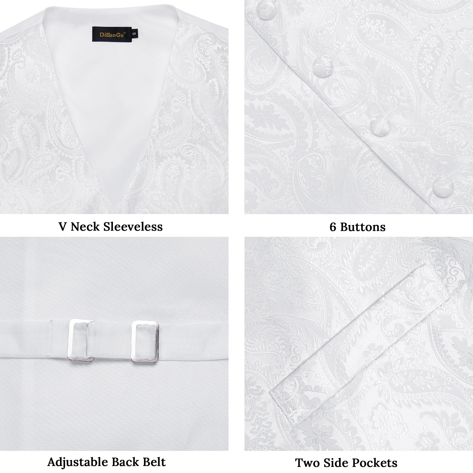 Pure White Wedding Vest for Man Sleeveless V-neck Satin Luxury Men Waistcoat Necktie Pocket Square Cufflinks Clip 5 PCS Set Gift
